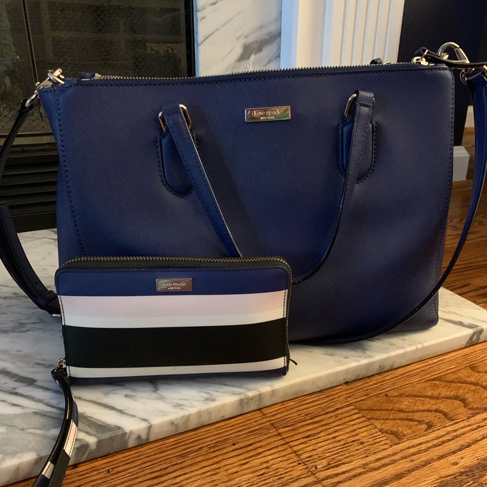 Kate Spade Blue Leather tote and Matching Wallet